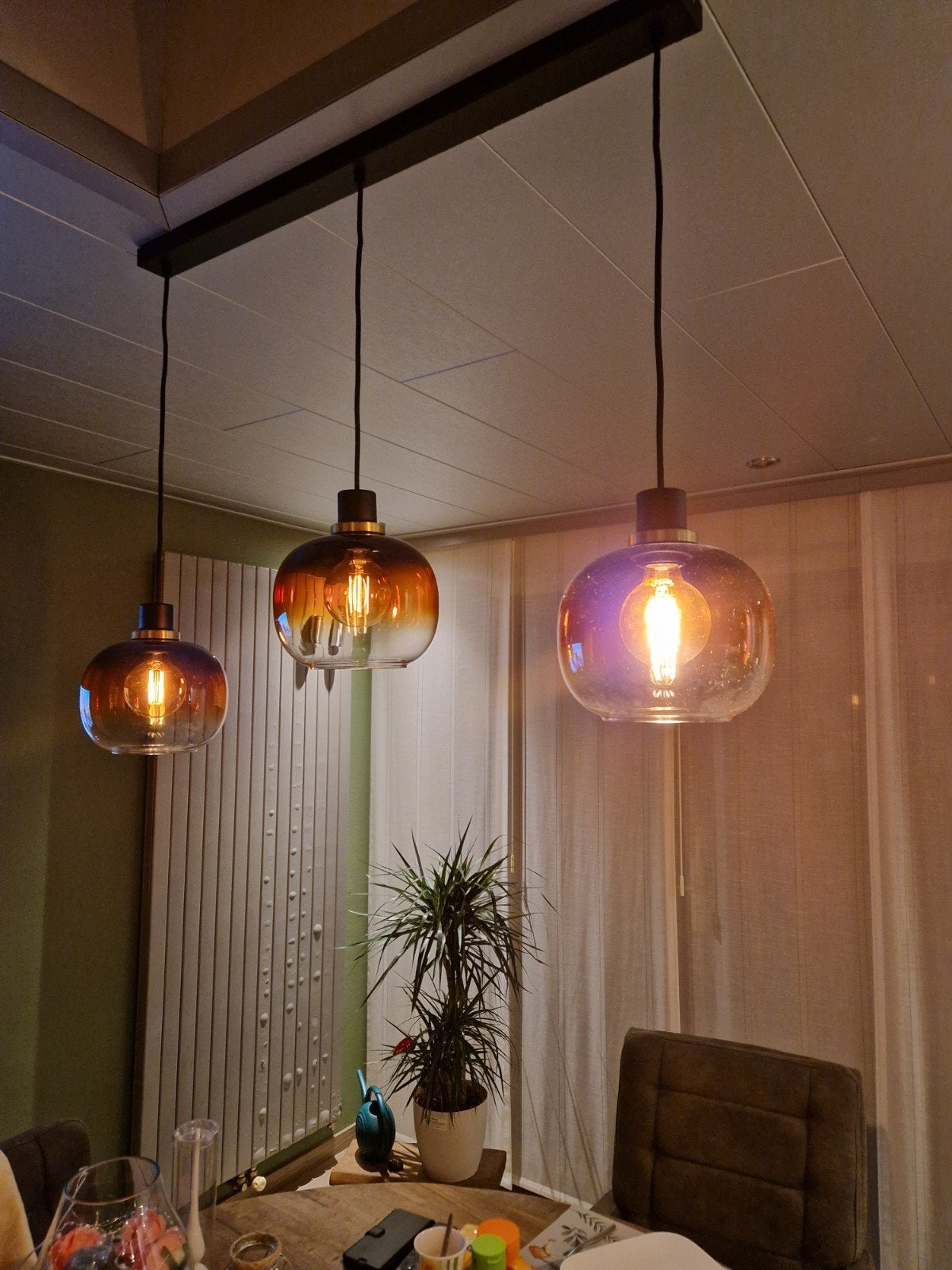 2 in hoogte verstelbare hanglampen met glazen bollen, Ophalen, Zo goed als nieuw, Glas, Modern, Industrieel