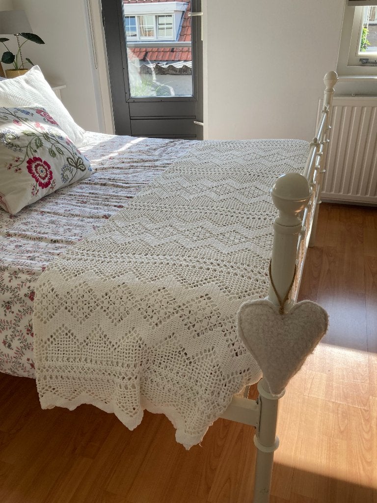 Handgehaakte bedsprei - gebroken wit, Katoen, Gebruikt, Wit, Handgemaakt