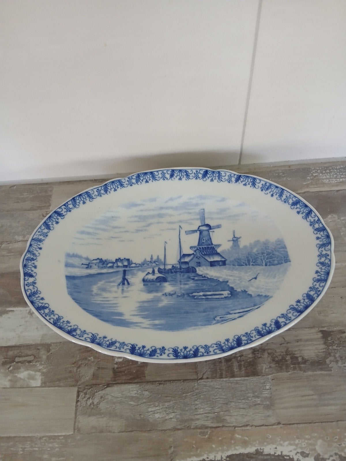 Delfts Blauw Ovale Schaal met Molenlandschap, Antiek en Kunst, Ophalen of Verzenden