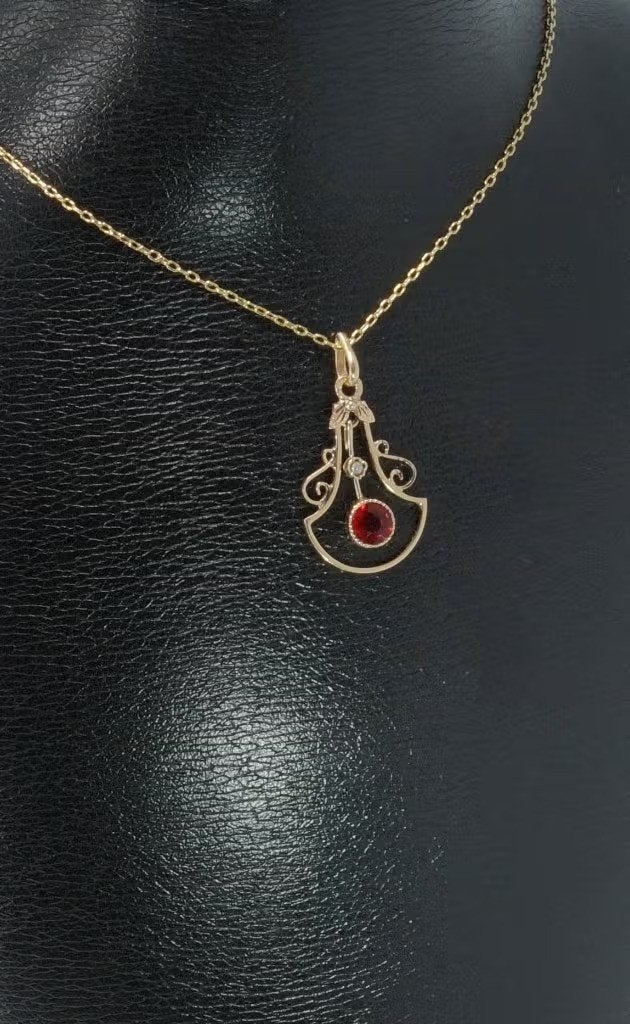 Jugendstil robijn parel 14k goud ketting hanger antiek fraai