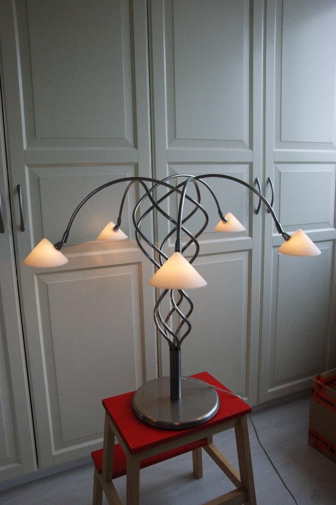 POLA 5 armige tafellamp in staal met wit glas, Ophalen, Gebruikt, 50 tot 75 cm, Vintage