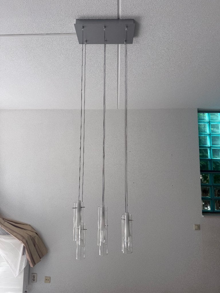 Set van 2 hanglampen glas en RVS, Huis en Inrichting, Ophalen, Gebruikt, Glas