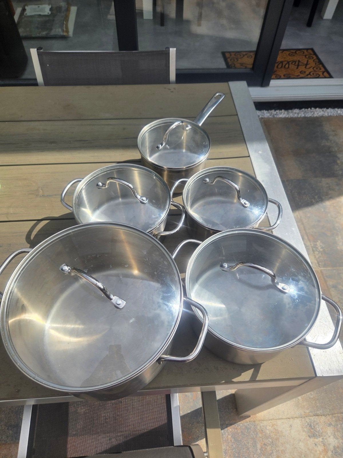 Pannenset 5-delig met deksels, geschikt voor gasfornuis, BK, Pannenset, Ophalen of Verzenden, Zo goed als nieuw