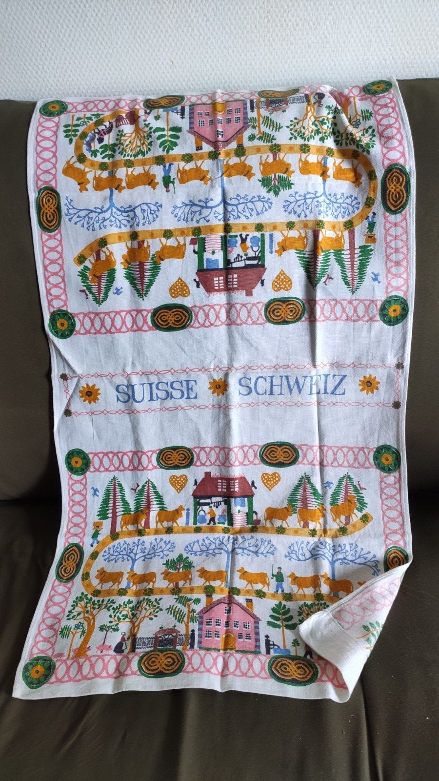 Vintage Zwitserse hanndoekrekkleedje- Koeien en Alpenlandsc, Ophalen, Katoen, Wasbaar, Theedoek of Handdoek