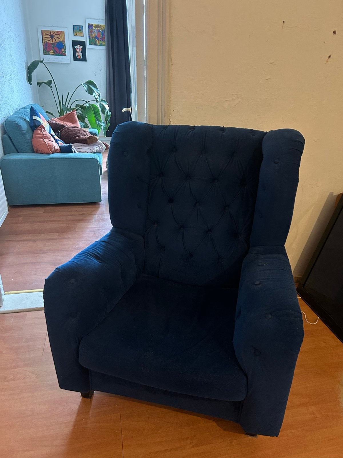 Comfortabele donkerblauwe fauteuil - 105x80x83 cm, Huis en Inrichting, Fauteuils, Ophalen, Gebruikt, 75 tot 100 cm, 75 tot 100 cm