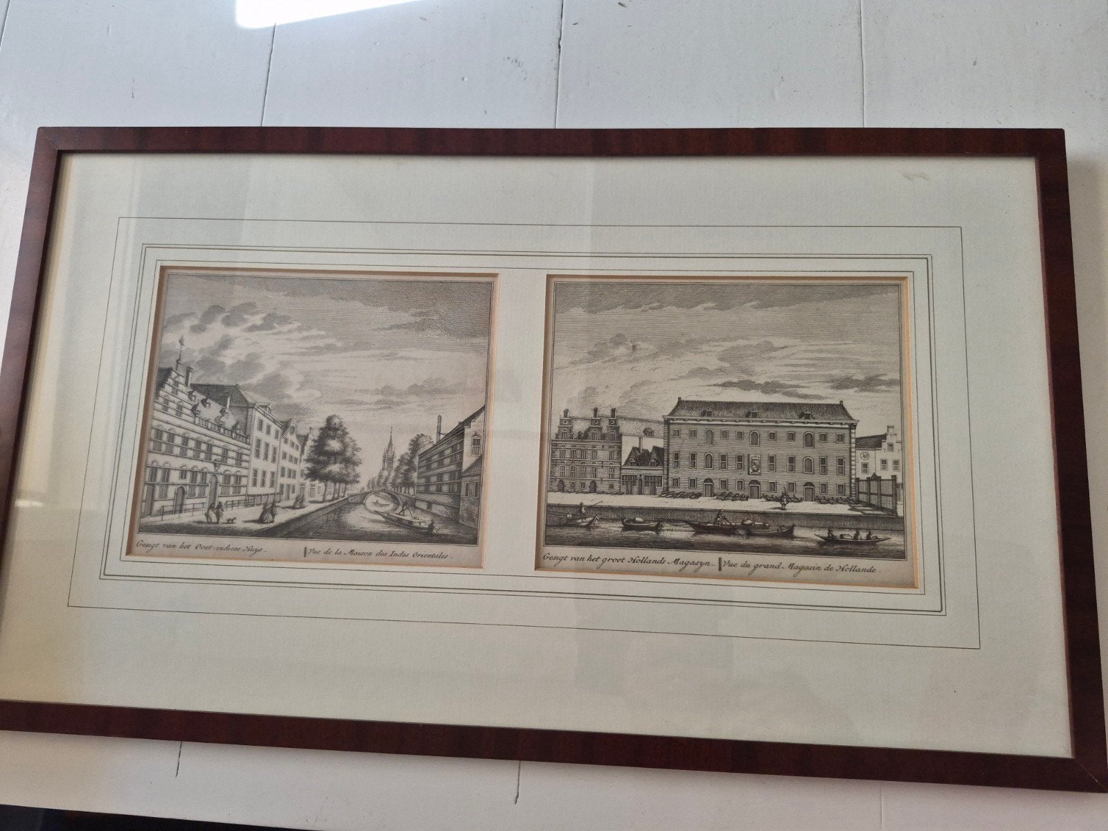 Dubbele kopergravure Delft ingelijst 1760, Antiek en Kunst, Ophalen of Verzenden