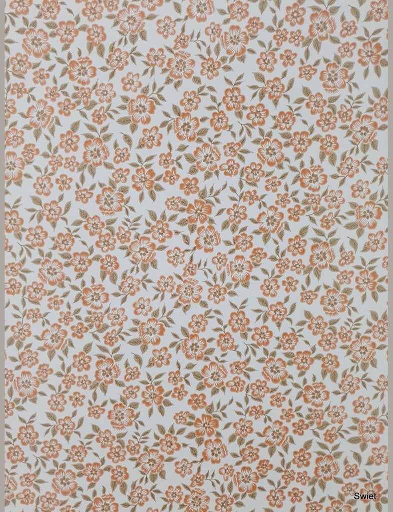 5421 retro bloemen behang oranje bruin op witte basis swiet, Ophalen of Verzenden, Bruin