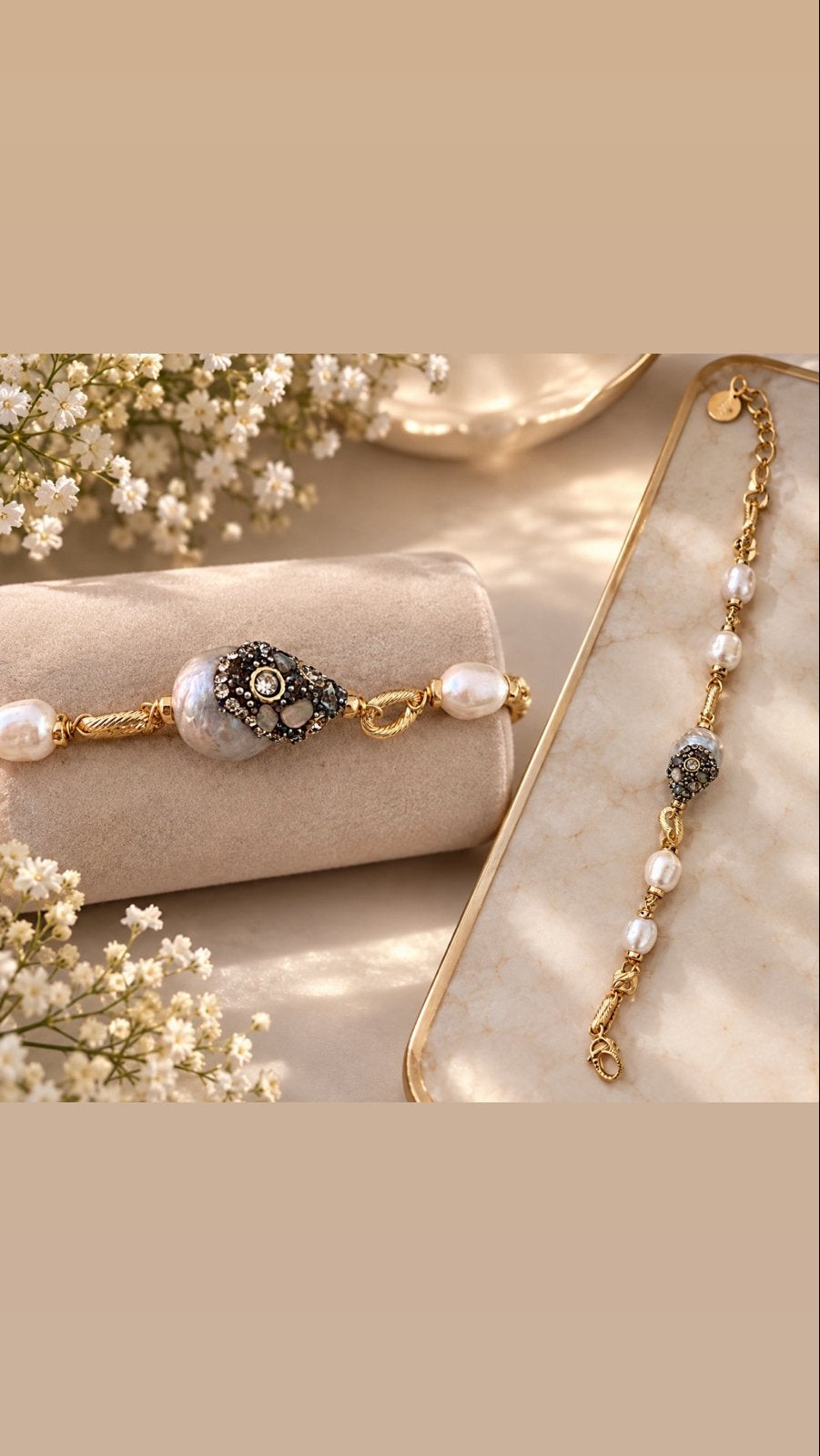 18k Goud Vergulde Armband met Cultiv'oatels en Zirkonia, Verzenden, Nieuw, Goud, Met bedels of kralen