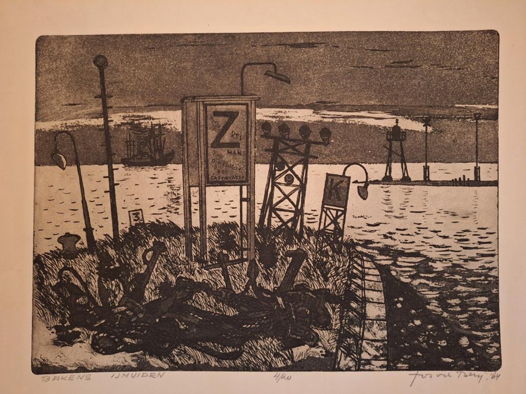Ets IJmuiden door Fons vd Berg, Antiek en Kunst, Stadsgezicht, Ophalen of Verzenden, Origineel, 1950 - 1999