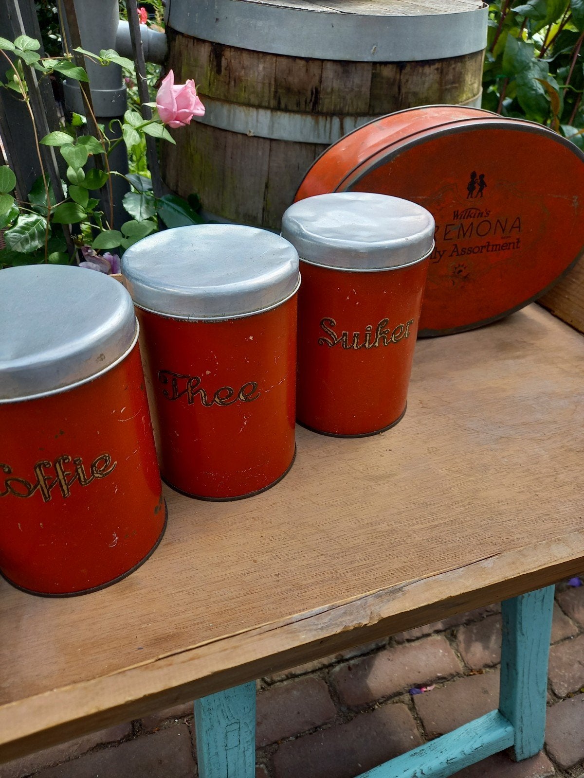 Set oranje rood  bussen en grote koektrommel, Ophalen of Verzenden