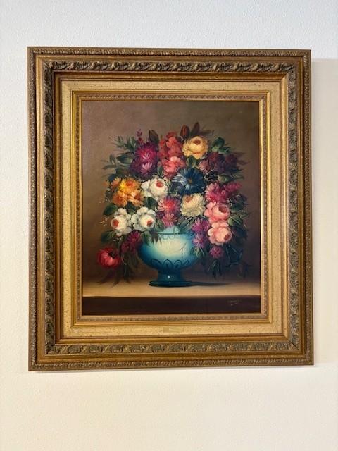 Blauwe pot met bloemen, Ophalen