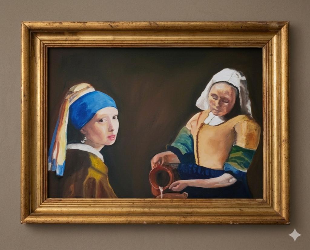 Hommage aan Vermeer: Meisje met de Parel & Melkmeisje, Ophalen of Verzenden