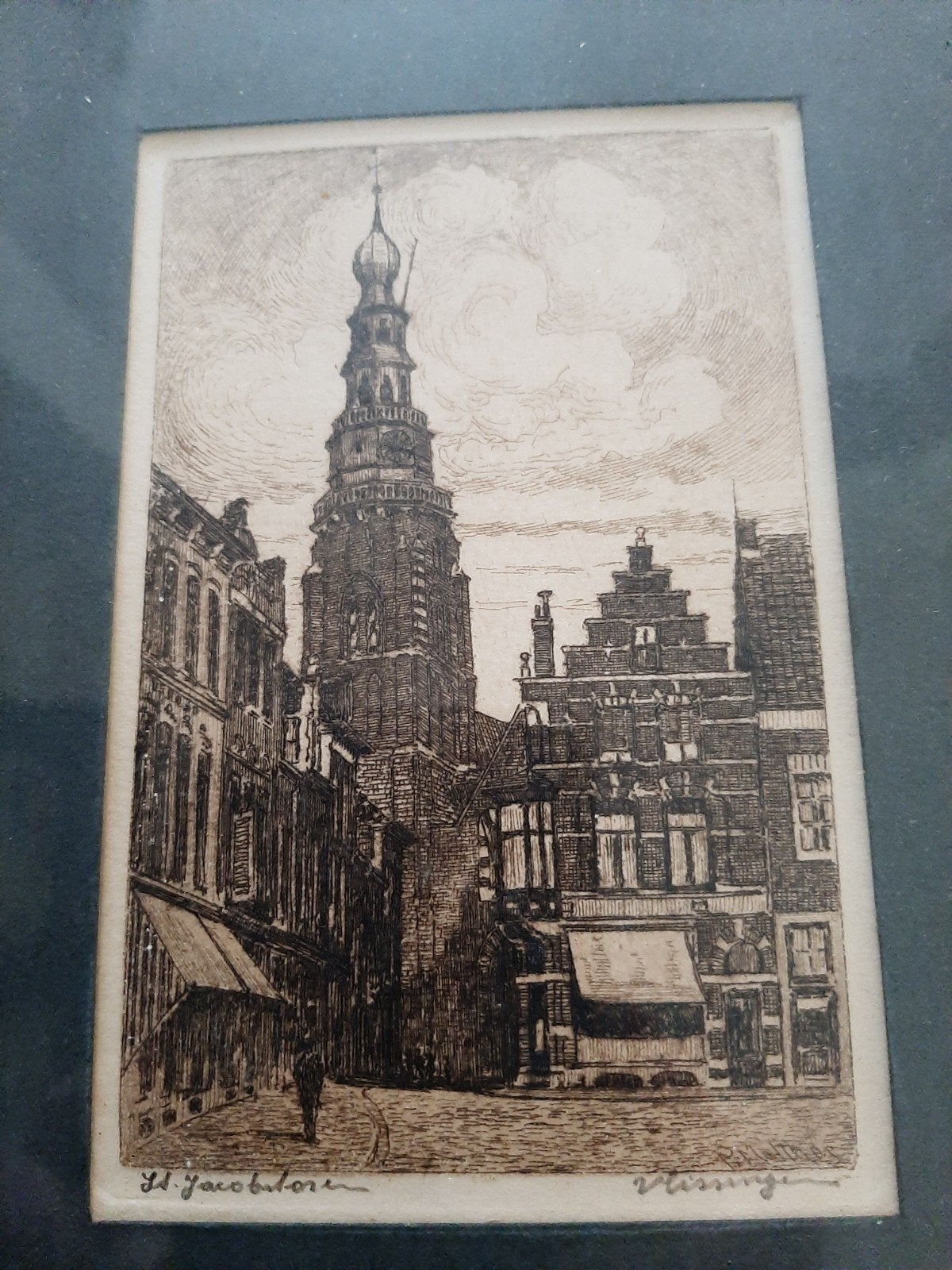st Jacobstoren Vlissingen/ kleine ets, Ophalen of Verzenden, Architectuur, Ets, Ingelijst