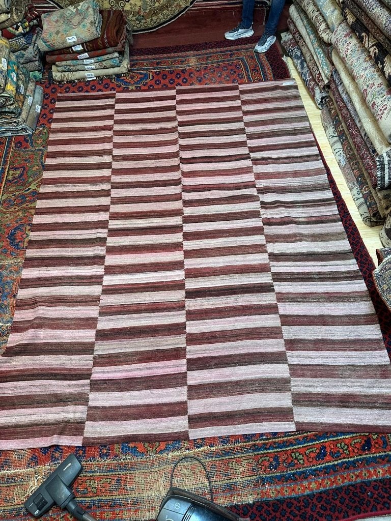 Handgeweven Kelim 291x202cm  tijdloze strepen crème en bruin