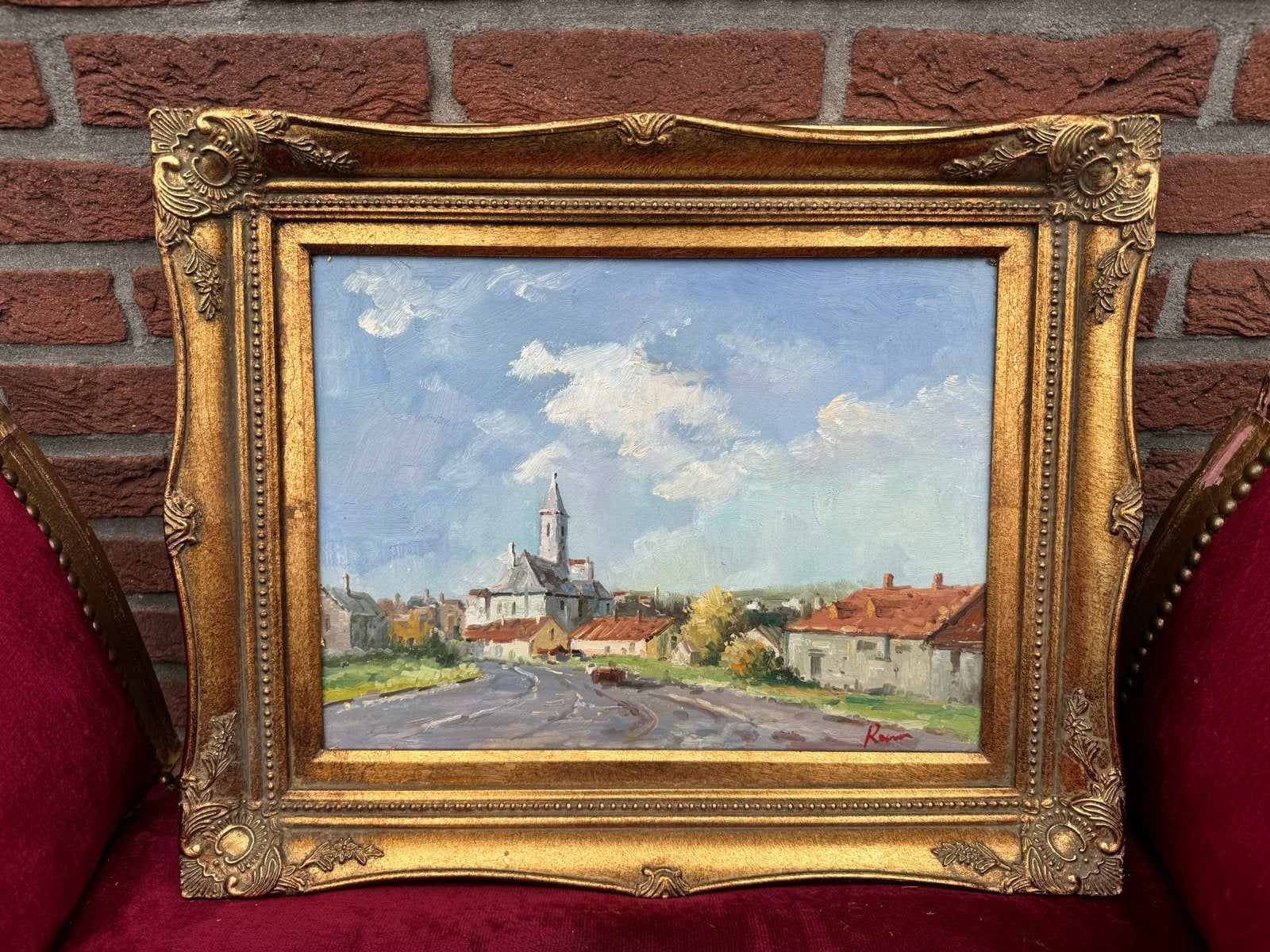 fraai schilderij, zicht op Frans dorpje - 54x44 cm, Doek, Impressionistisch, Ophalen of Verzenden, Olieverf