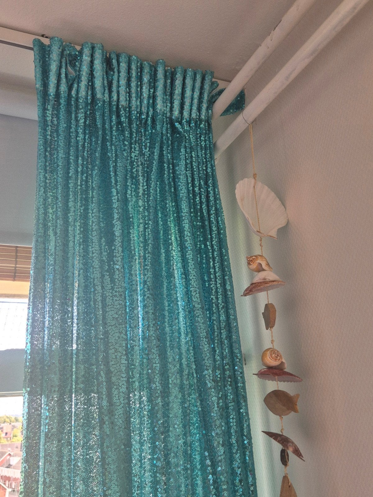 Turquoise Pailletten Glitter Gordijnen - Lichtdoorlatend, Ophalen, Lichtdoorlatend