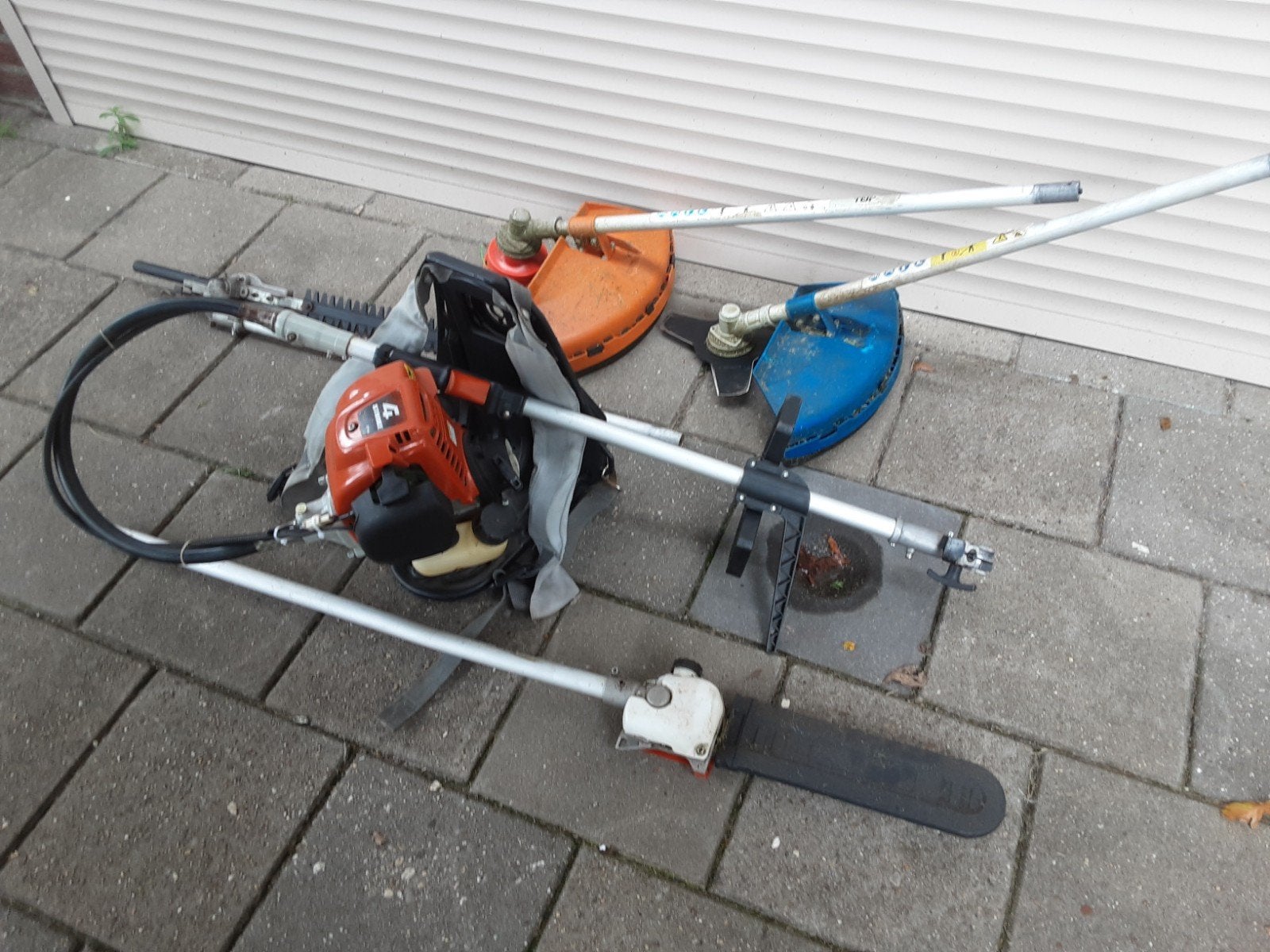 te koop ruggedragen multi bosmaaier 4t met div hulpstukken, Tuin en Terras, Ophalen, Gebruikt, Benzine