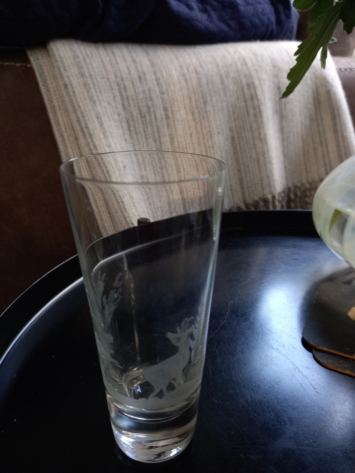 mooi gegraveerd smal glas 13 cm hoog met hert en bomen, Ophalen of Verzenden, Zo goed als nieuw, Overige typen