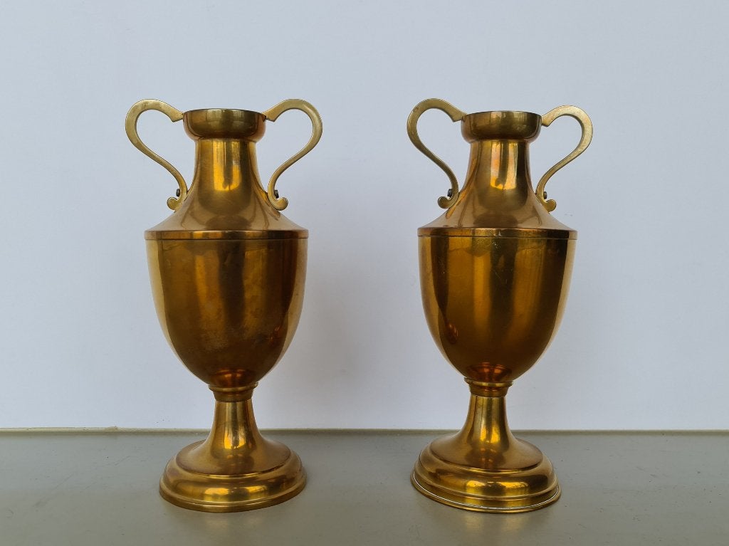 vintage antiek paar geel koperen amfora amphora vaas h= 25cm, Overige materialen, Gebruikt, Geel, Ophalen of Verzenden