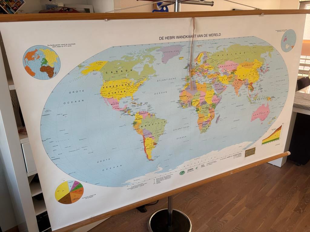 Grote Hebri Wandkaart vd Wereld - Robinsonprojectie 2zijdig, Landkaart, 1800 tot 2000, Wereld, Ophalen