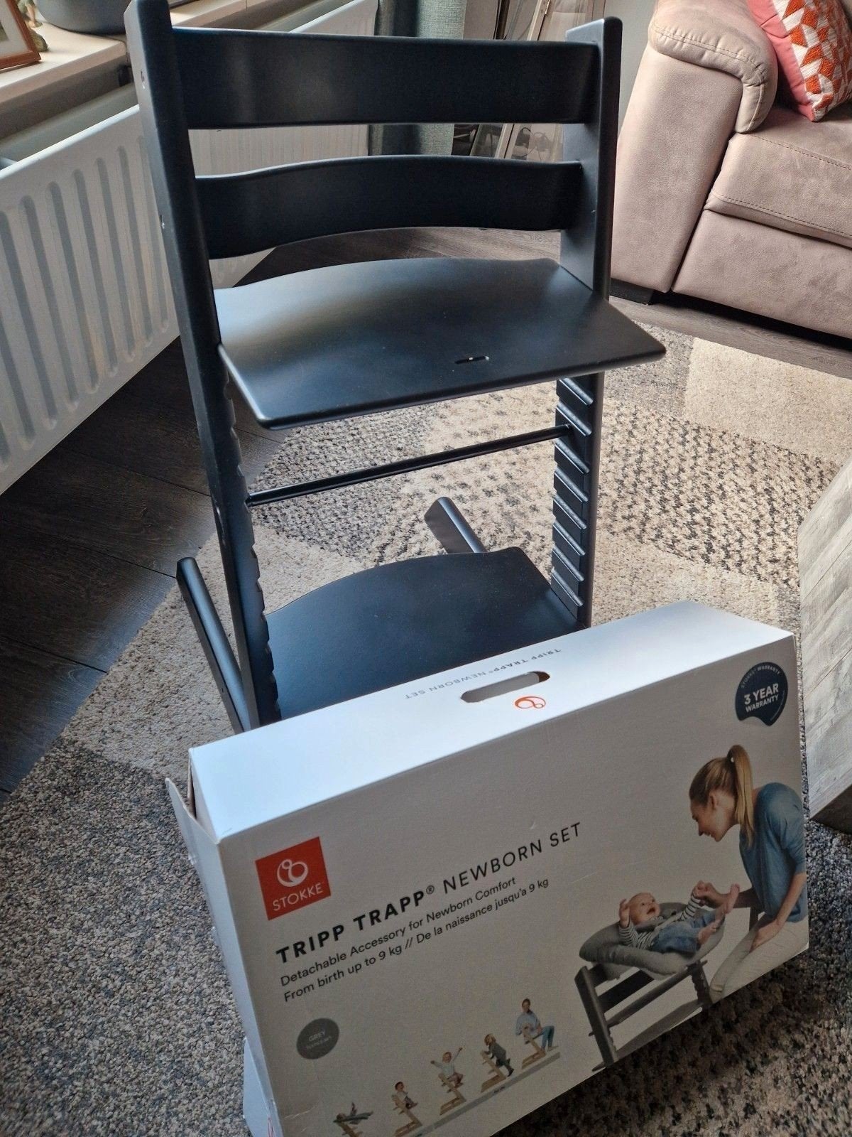 mooie Tripp Trapp kinderstoel zwart met Nieuwbornset, Ophalen, Zo goed als nieuw, Meegroeistoel