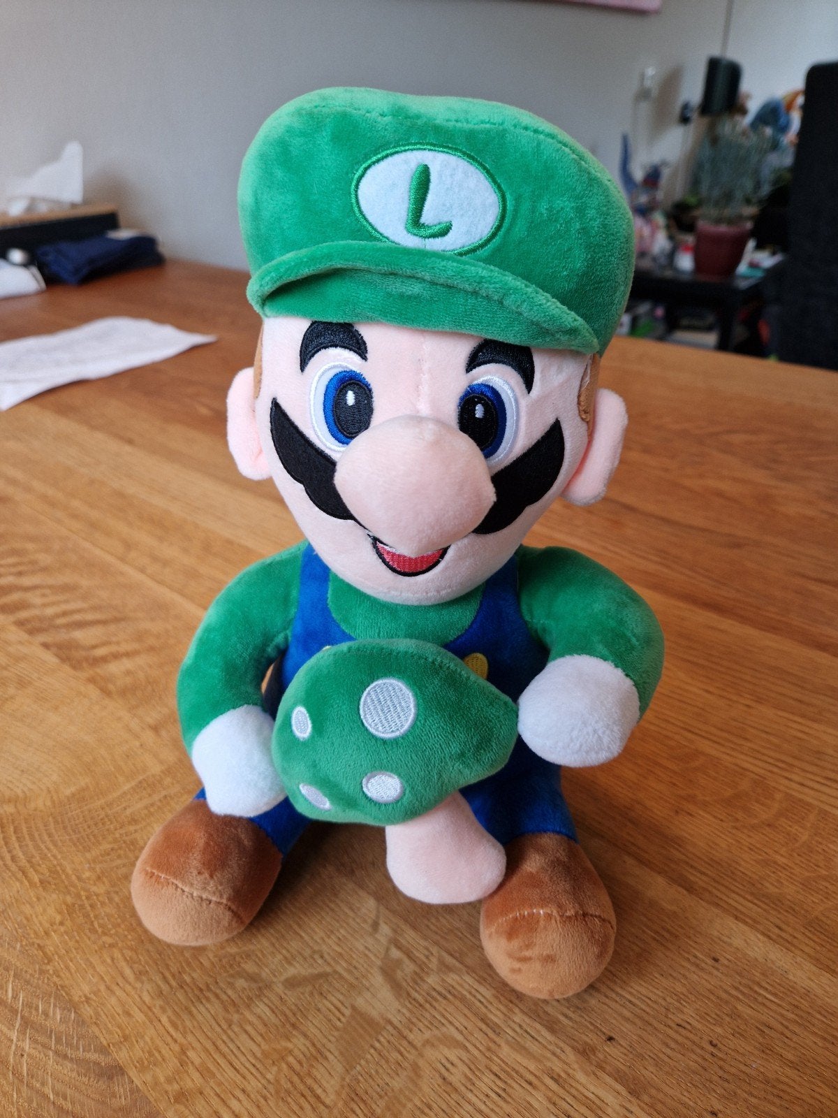 Luigi knuffel met paddenstoel - Super Mario Bros, Groen, Overige typen, Ophalen of Verzenden, Zo goed als nieuw