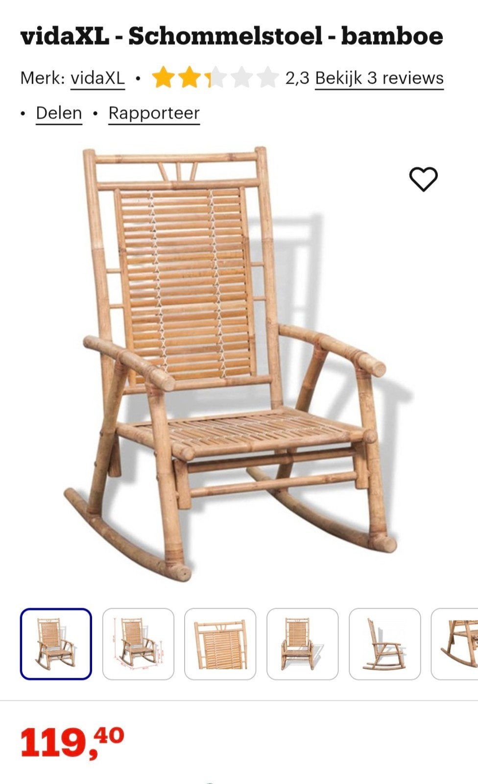 Bamboe schommelstoel met kussen, zo goed als nieuw, Huis en Inrichting, Stoelen, Ophalen, Zo goed als nieuw, Bruin, Eén