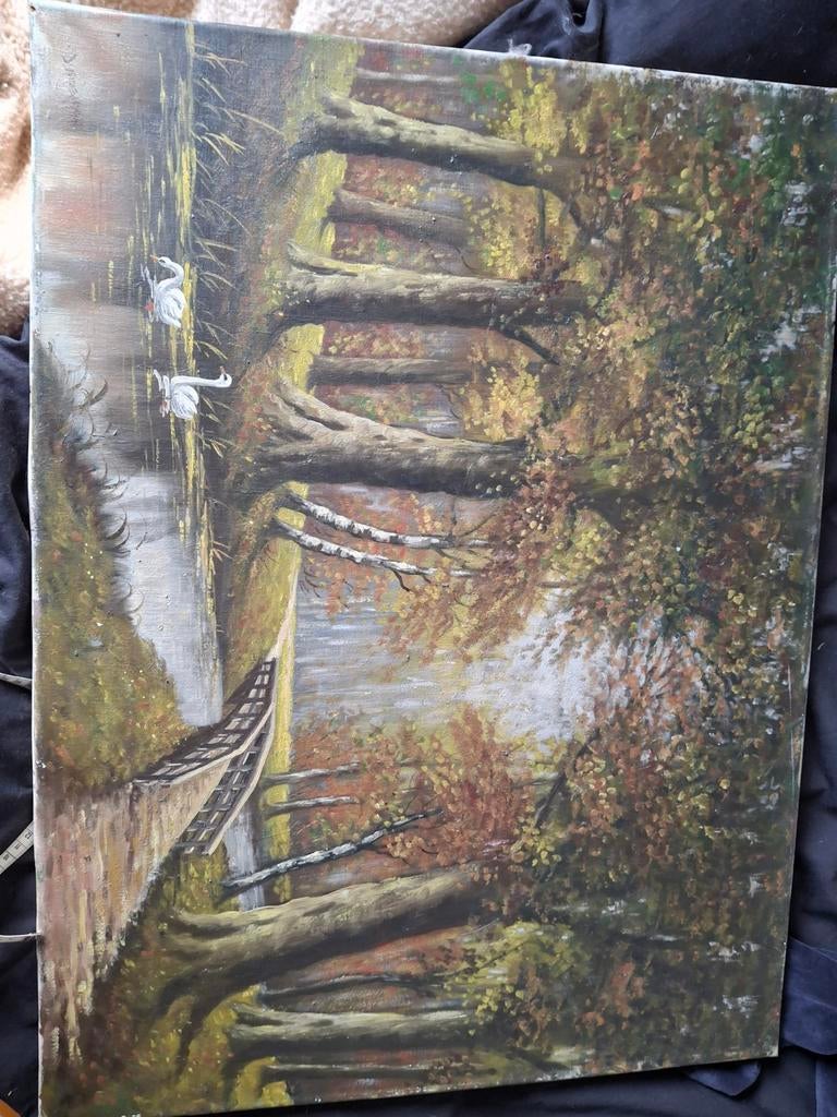 Schilderij: Herfstlandschap met zwanen en brug, Antiek en Kunst, Kunst | Schilderijen | Klassiek, Ophalen