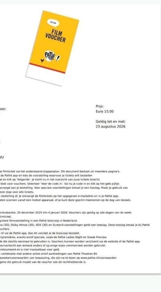 Pathe filmkaartjes bioscooptickets 3 stuks, Eén persoon, Vrijkaartje specifieke film
