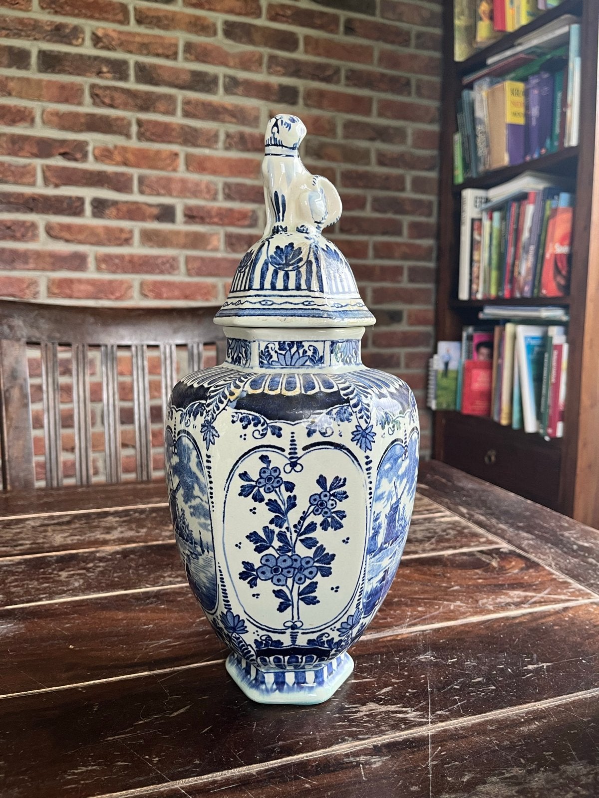 Prachtige Delfts Blauwe Gemberpot met Leeuw op Deksel, Antiek en Kunst, Ophalen of Verzenden