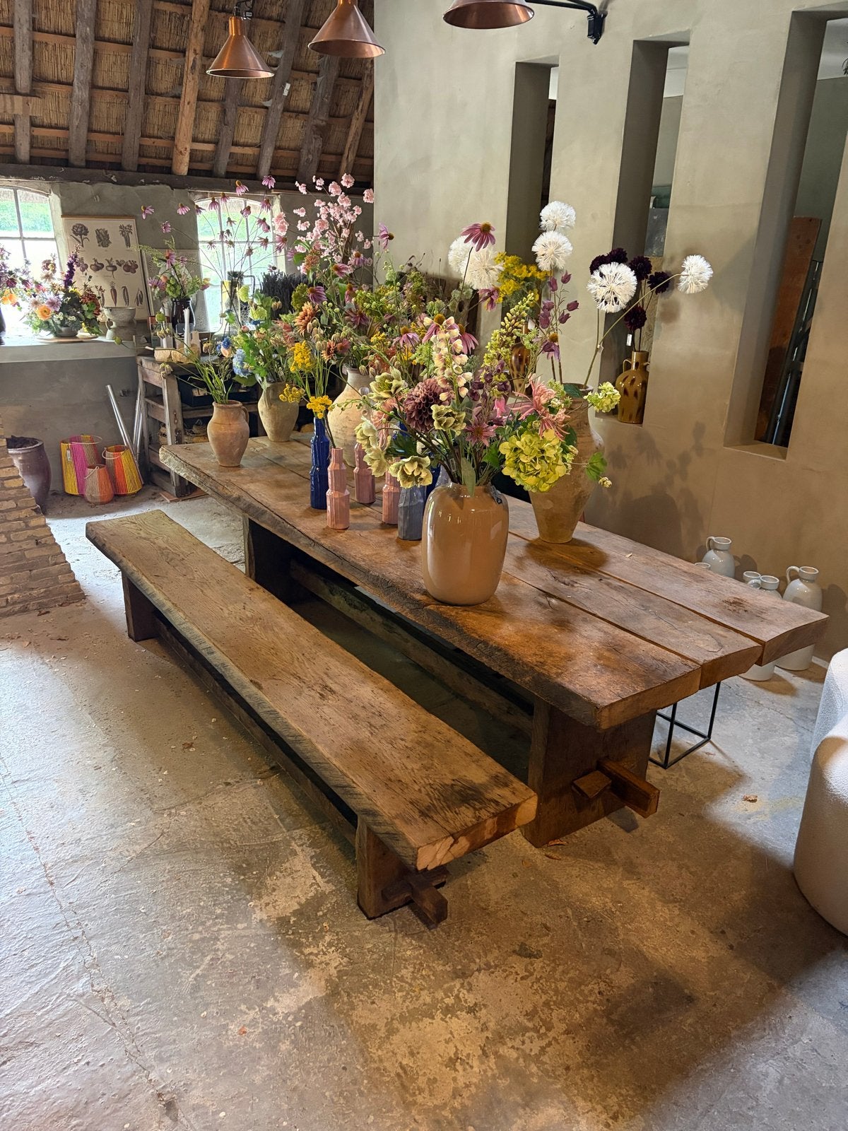 Te koop Oud eiken eettafel met bank, Huis en Inrichting, Tafels | Eettafels, Ophalen, Eikenhout, Kloostertafel, 50 tot 100 cm