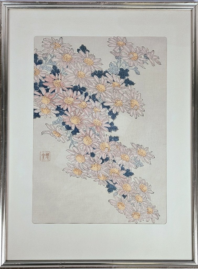 523. Houtsnede, Kawarazaki Shodo - roze chrysanten, 20e eeuw, Ingelijst, Ophalen, Dieren en Natuur, Houtsnede