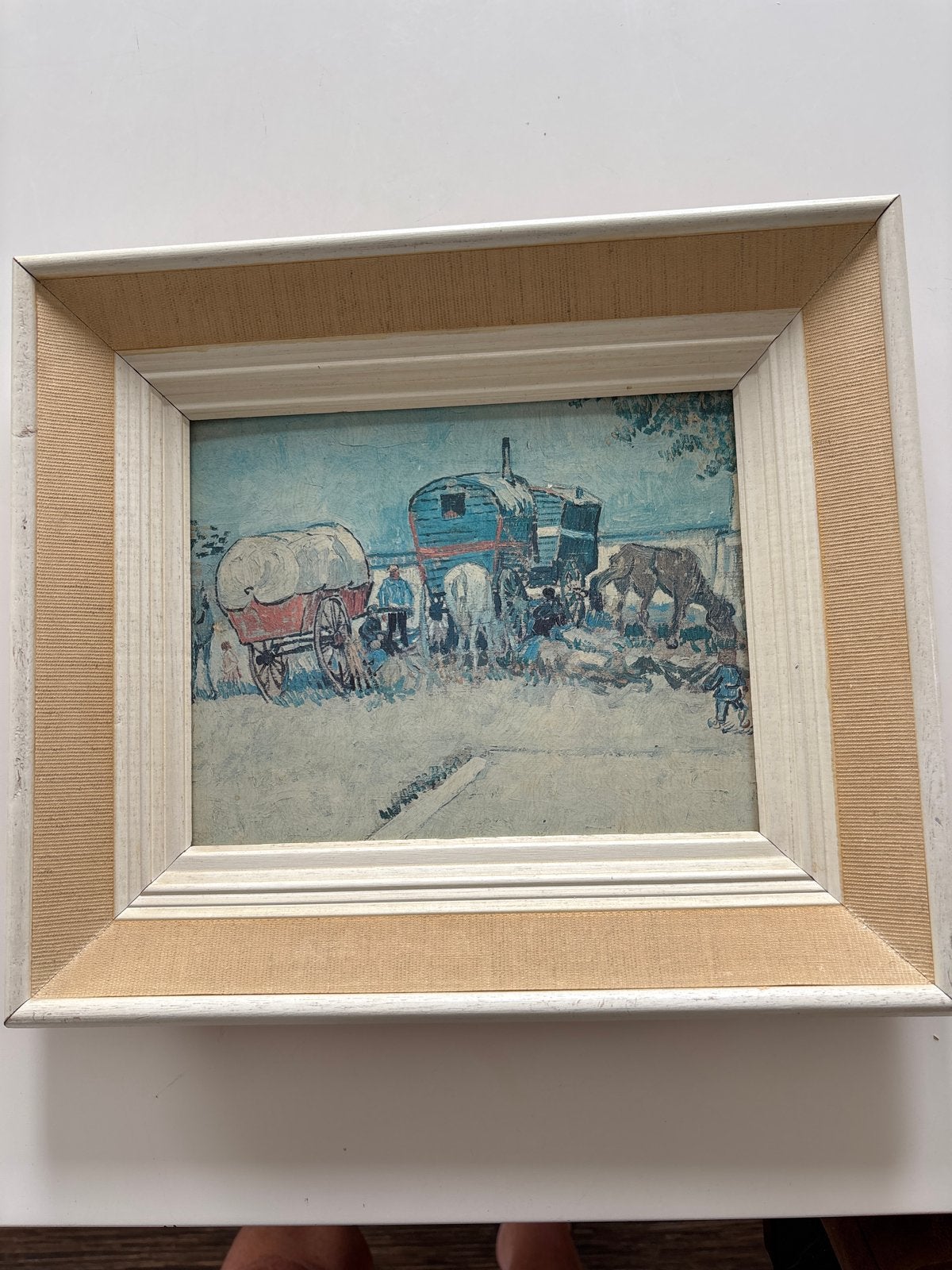 Vintage Schilderij: Woonwagens en Paarden, Doek, Impressionistisch, Ophalen of Verzenden, Olieverf