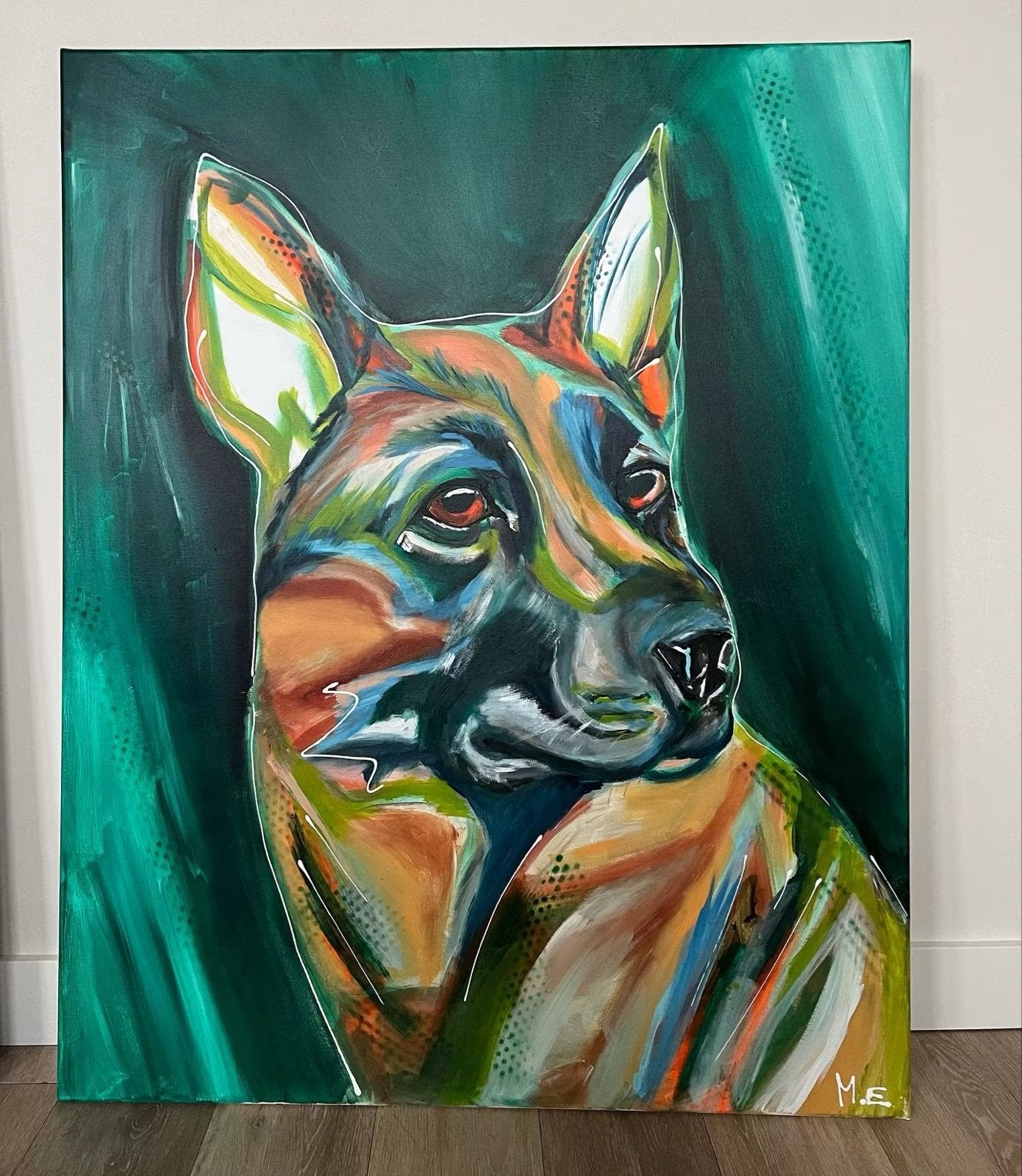 Levendig Herdershond Portret - M.E. (Malou Etienne Boer), Acrylverf, Handgeschilderd, Ophalen of Verzenden, Dieren