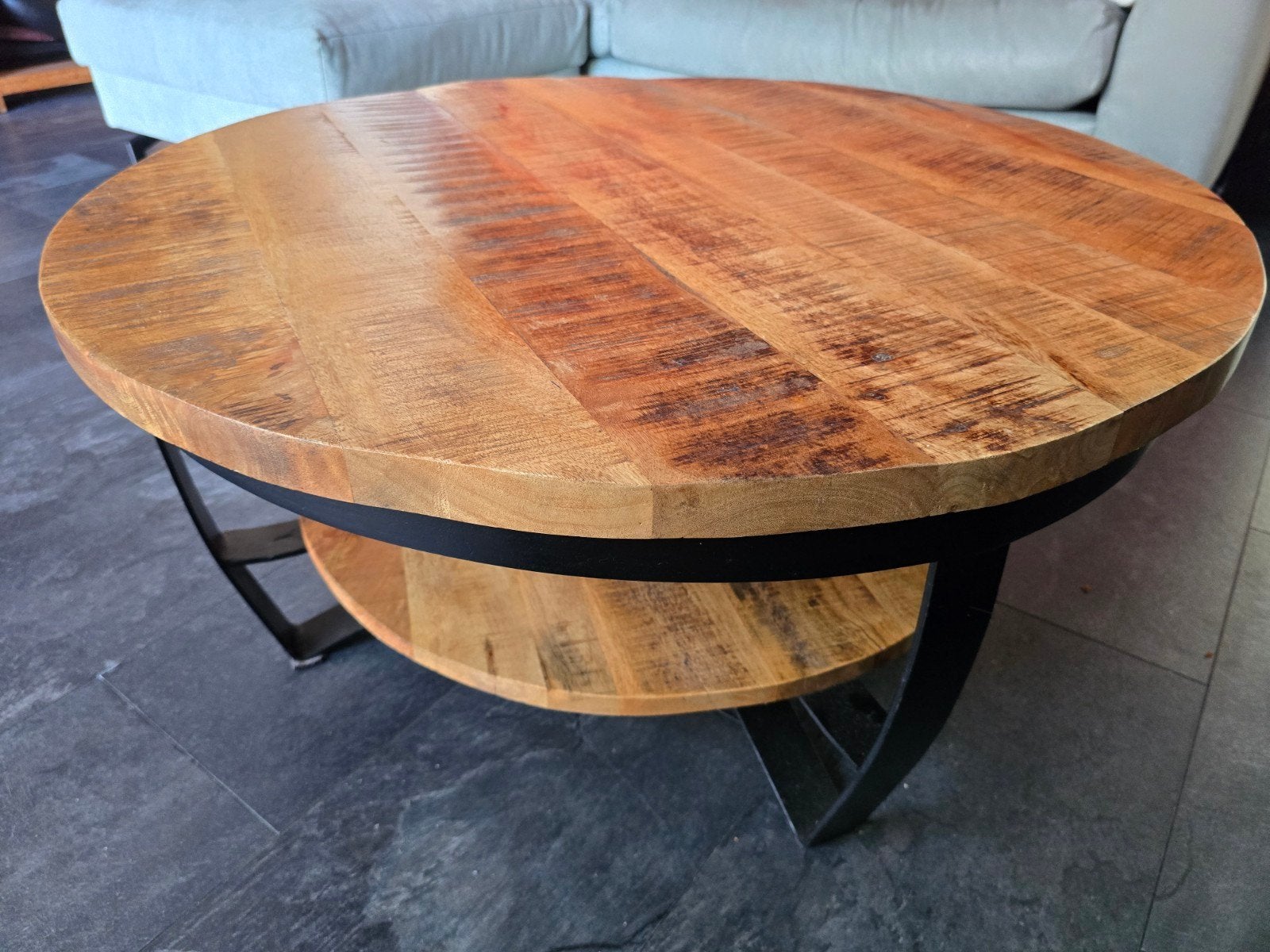 Salontafel mangohout industrieel 90cm, Ophalen, 50 tot 100 cm, 50 tot 100 cm, Zo goed als nieuw