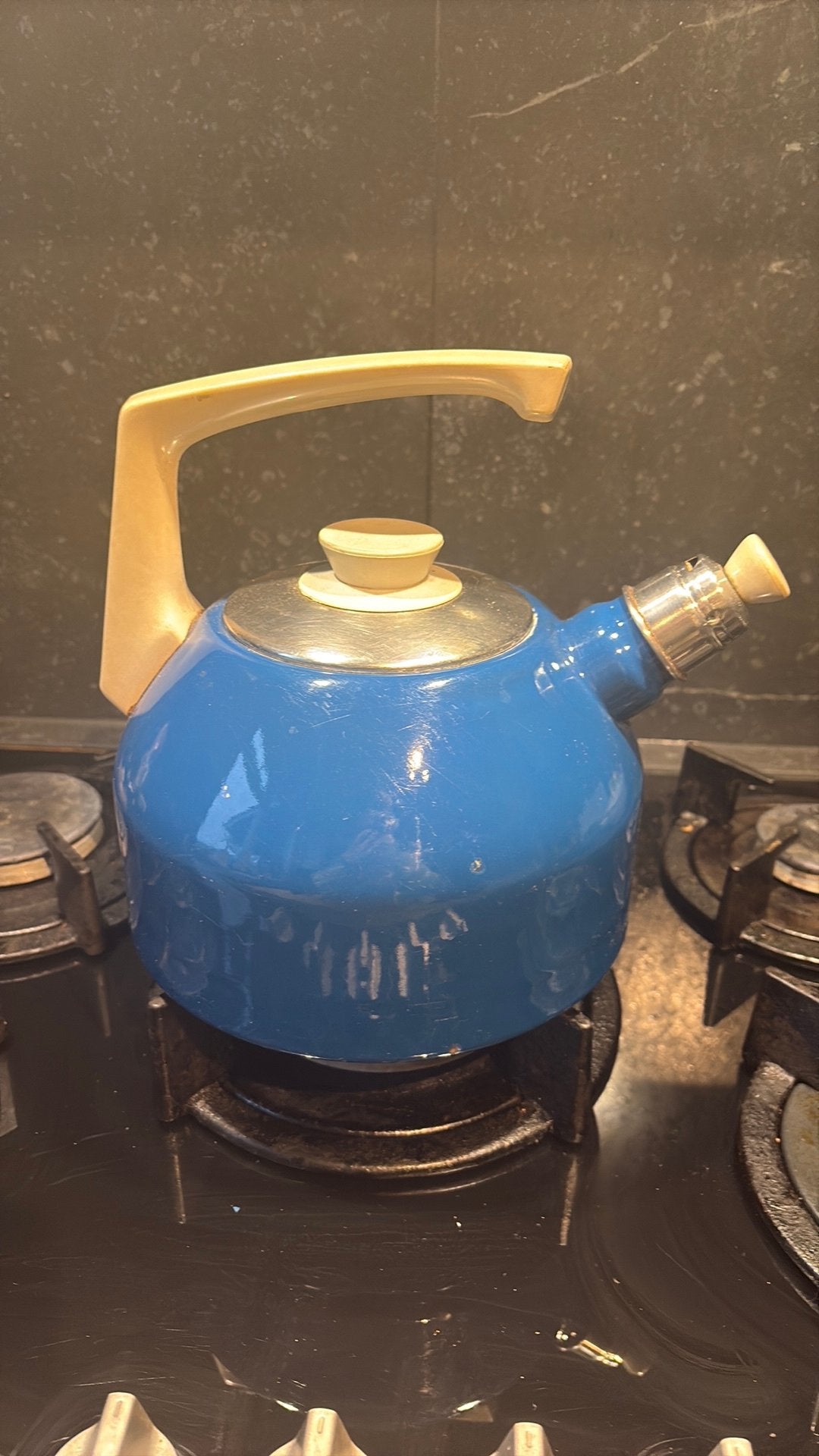 Brocante emaille oud bakelieten fluitketel blauw, Ophalen of Verzenden