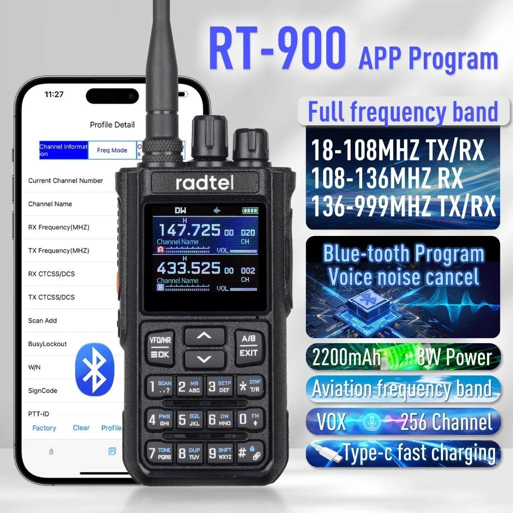 Radtel RT-900 10W full band radio, met CB (rx/tx), Telecommunicatie, Nieuw, 15 km of meer, Ophalen of Verzenden, Portofoon of Walkie-talkie