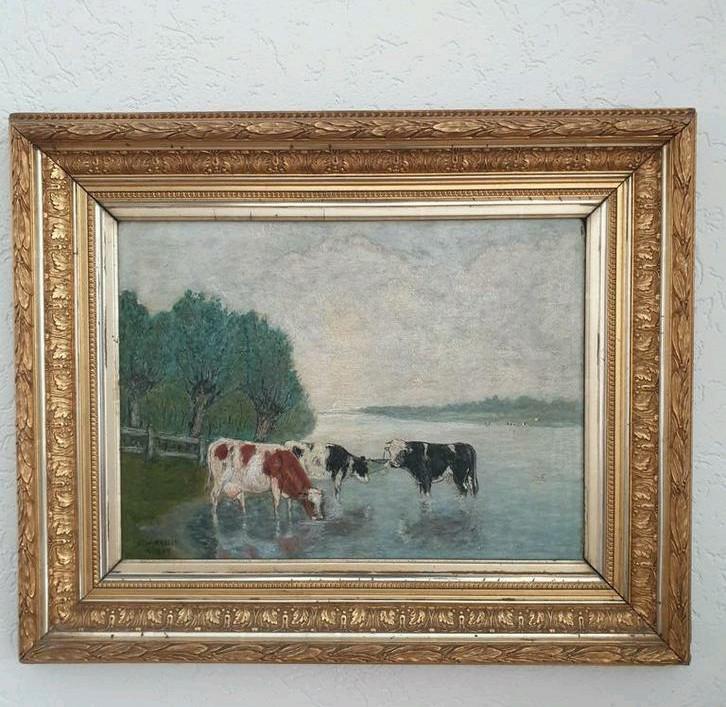 Oud schilderij  op houten paneel met koeien, Antiek en Kunst, Ophalen