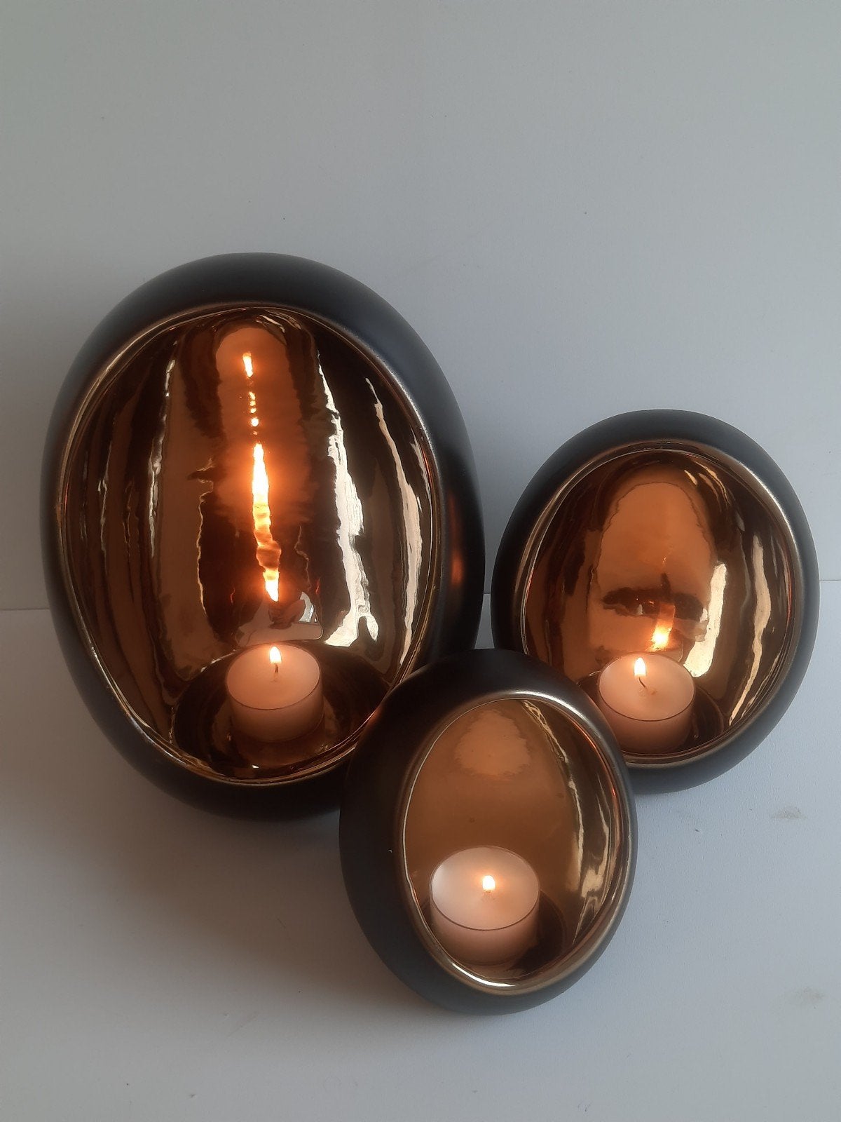 Taza egg waxinelichthouders , zwart/goud . 3-delige set, Ophalen of Verzenden, Gebruikt, Goud, Steen/keramiek