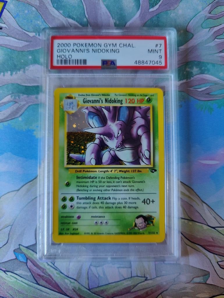 Pokemon Gym challenge Giovanni's Nidoking Holo psa9 mint, Ophalen of Verzenden, Zo goed als nieuw, Losse kaart, Foil