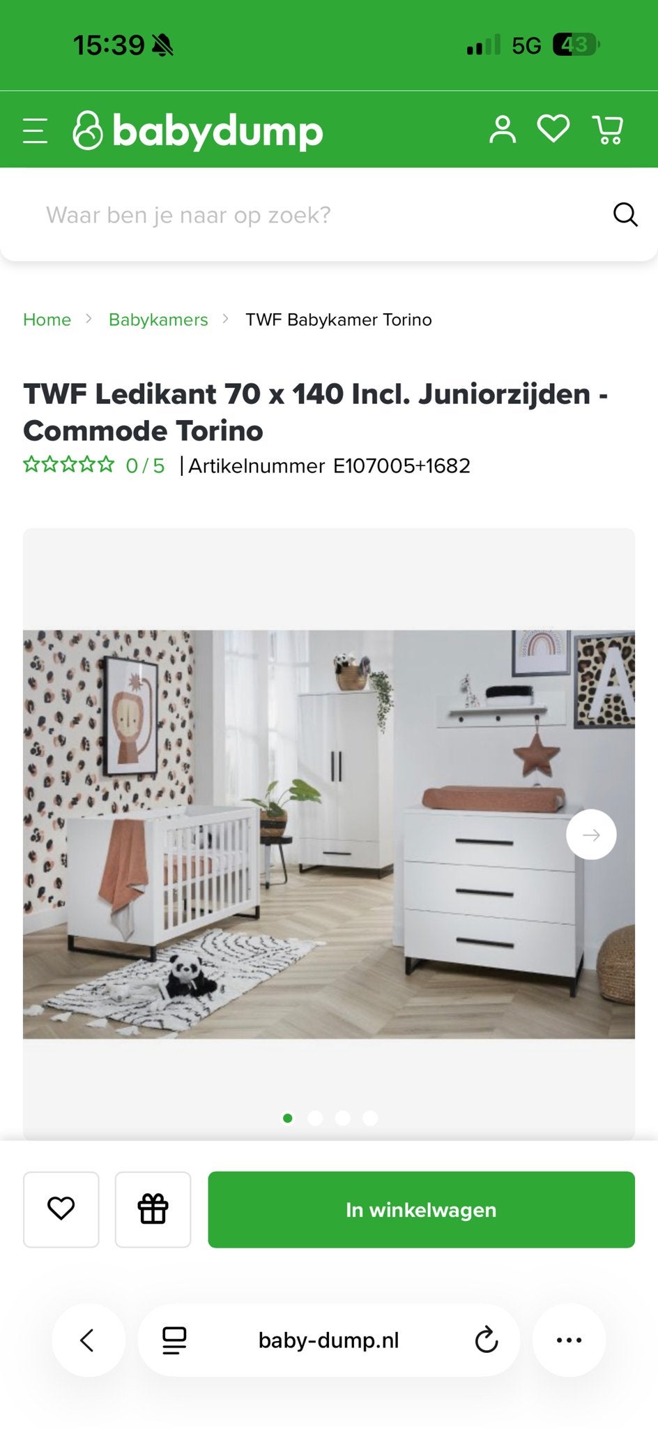 TWF Babykamer Torino: Ledikant (70x140) & Commode, Ophalen, Zo goed als nieuw, Jongetje of Meisje