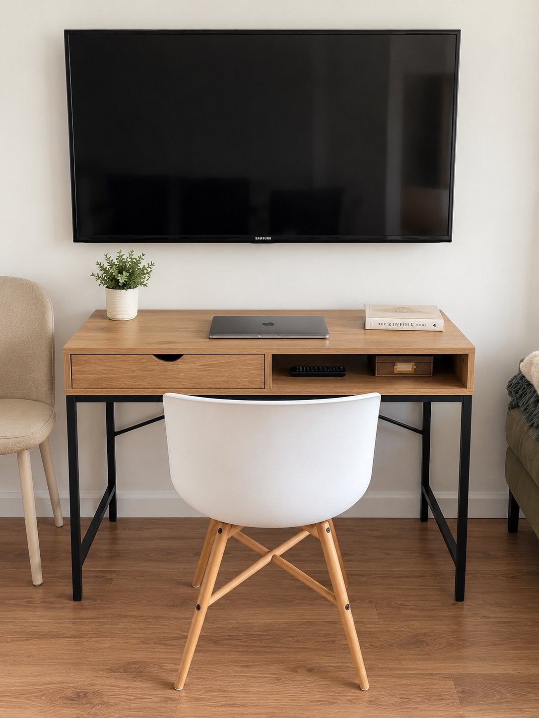 Modern houten bureau met lade en opbergvak e.v.t. met stoel, Ophalen, 48 cm, Bruin, Zo goed als nieuw