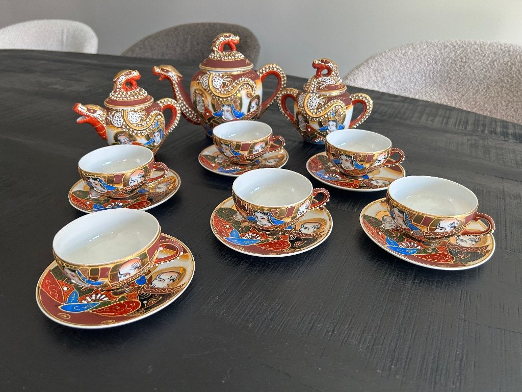 Antiek Japans draken theeservies met 6 kopjes en schotels, Ophalen