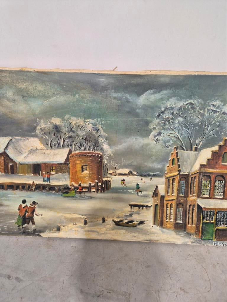 Gesigneerd oliever schilderij hollands winterlandschap, Antiek en Kunst, Kunst | Schilderijen | Klassiek, Ophalen