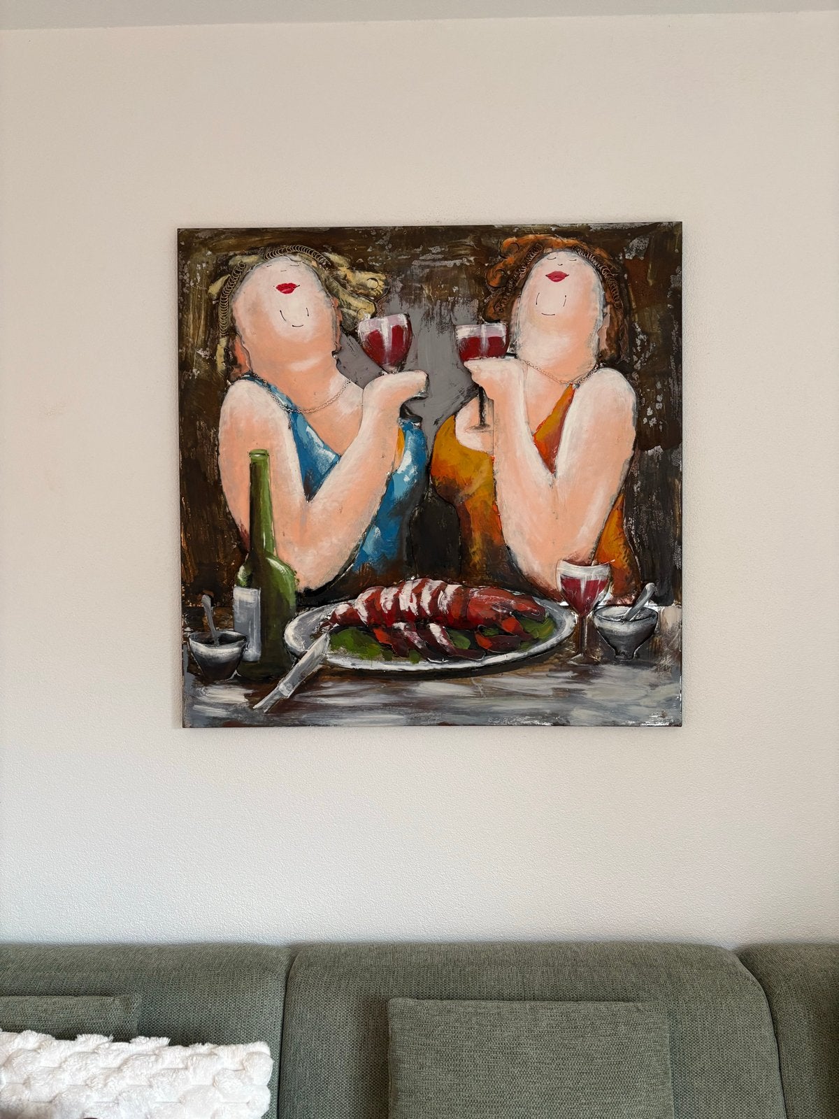 Dikke Dames Vrolijk schilderij van dames met kreeft en wijn, Antiek en Kunst, Ophalen, Figuren, 3D-effect, Olieverf
