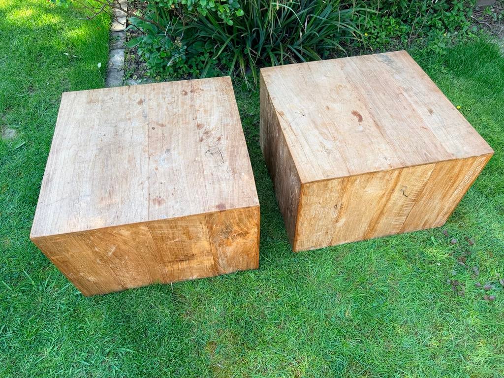 Set van 2 teakhouten tafeltjes - bijzettafel, Ophalen, Minder dan 45 cm, Gebruikt, Vierkant