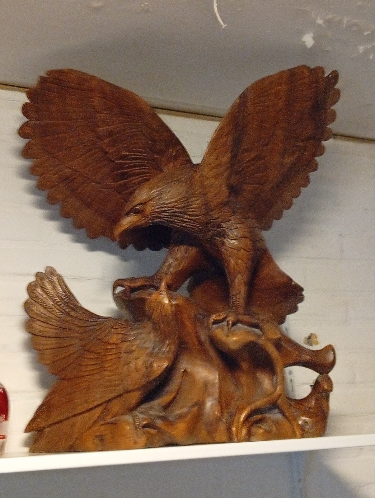 Prachtig handgesneden houten beeld  twee adelaars 19 de eews, Handgemaakt, Beeld, Hout, Bruin