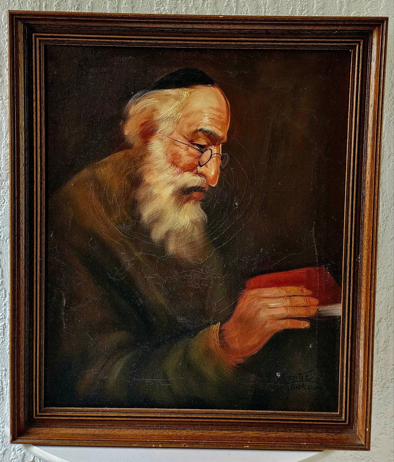 Olieverfschilderij 'Lezende Rabbijn' – J. Shalom, Ophalen of Verzenden