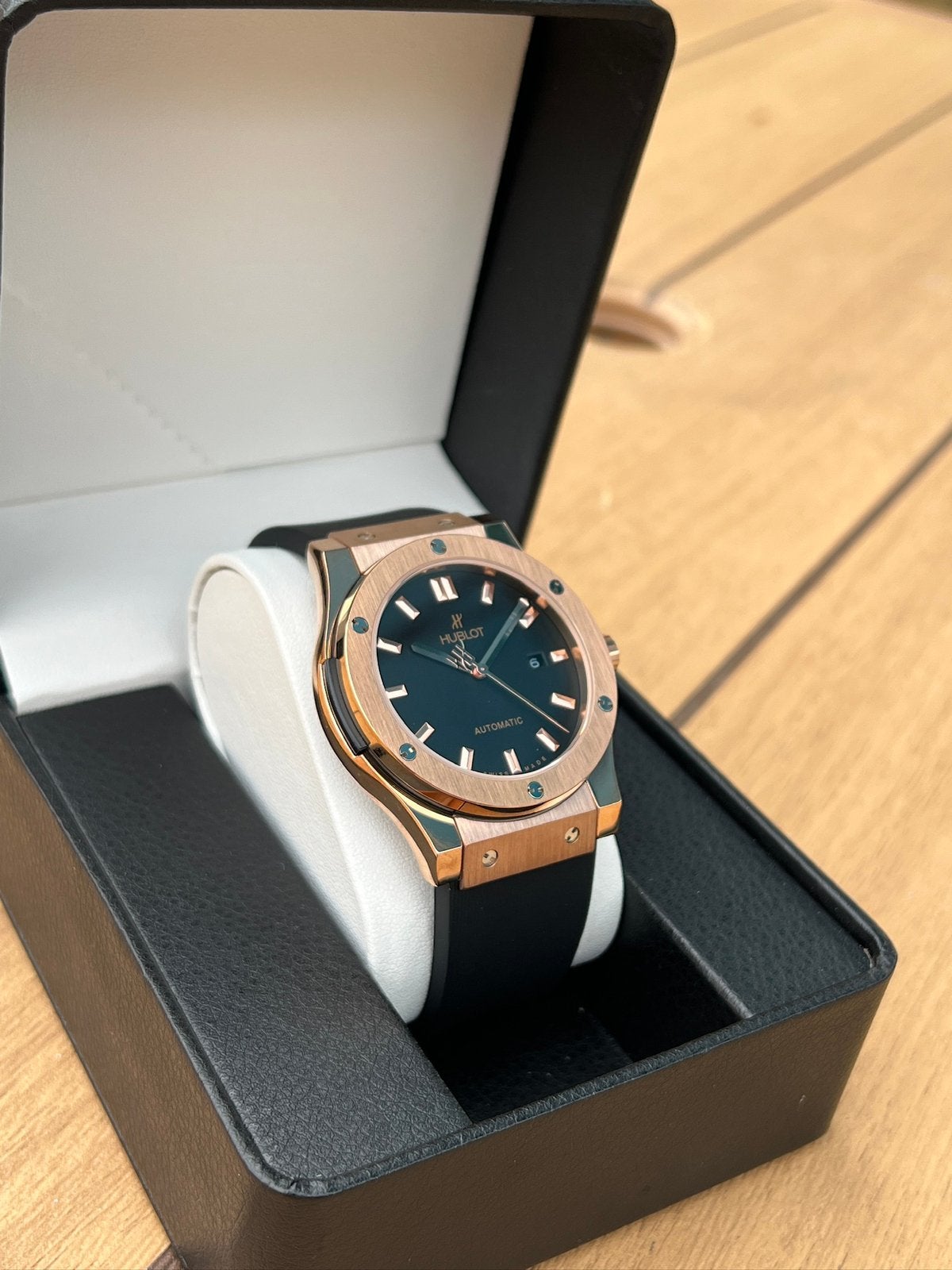 Hublot Classic Fusion Rose goud/ zwart, Sieraden, Tassen en Uiterlijk, Horloges | Heren, Overige merken, Staal, Nieuw, Kunststof