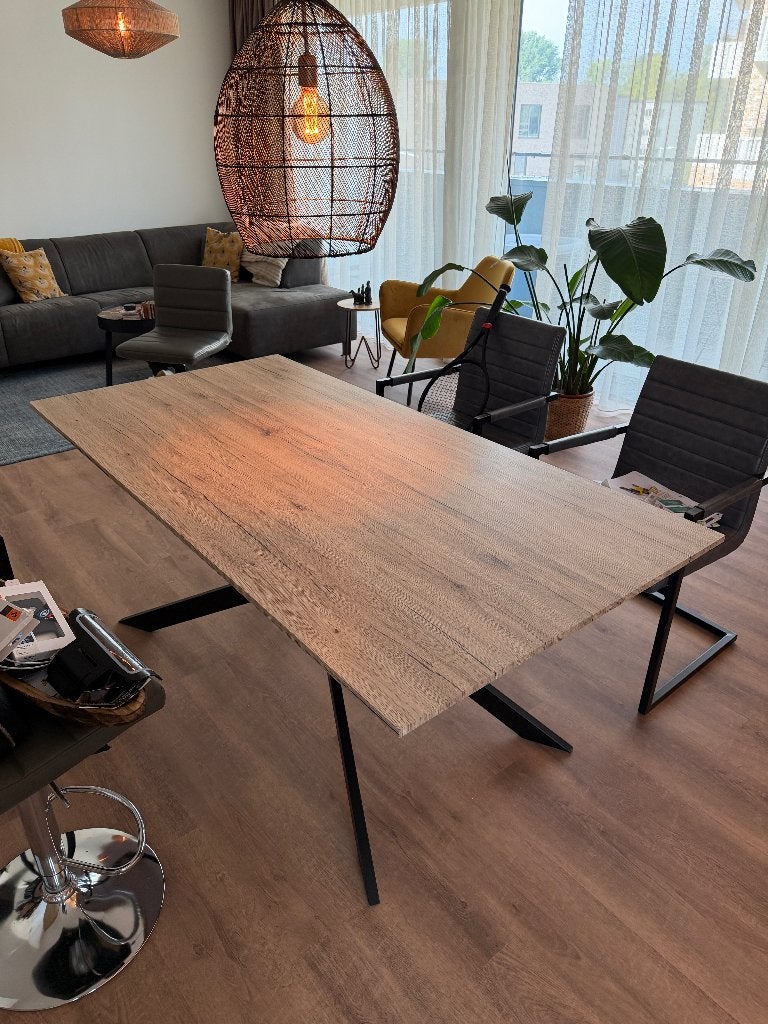 Moderne eettafel 200100 cm –Houtlook met zwart stalen poten, Ophalen, Gebruikt, 200 cm of meer, 50 tot 100 cm